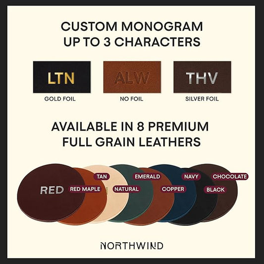 Northwind Personalized Leather Coasters – Set of 4 Full-Grain Leather 4” Circle Drink Coasters with Custom Engraved Monogram Initials – Stylish Home Décor for Weddings and Holidays