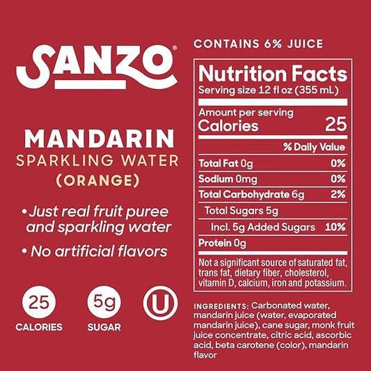 Sanzo Flavored Sparkling Water - Mandarin Orange Seltzer - Low Calorie Low Sugar - Craft Asian Drinks - Vegan Gluten Free Carbonated Flavored Water - Fizzy Healthy Drinks - 12oz, 12 Pack