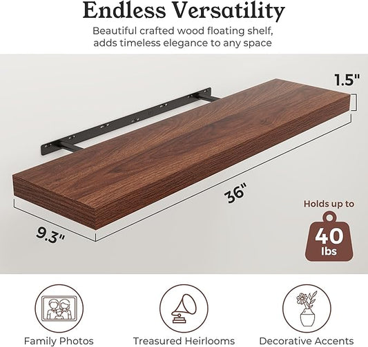 Floating Shelves for Wall, 9.3" Deep Wall Mounted Wood Shelves for Bathroom, Bedroom, Living Room, Kitchen, Hanging Shelf for Books/Storage/Room Decor (Walnut, 36")