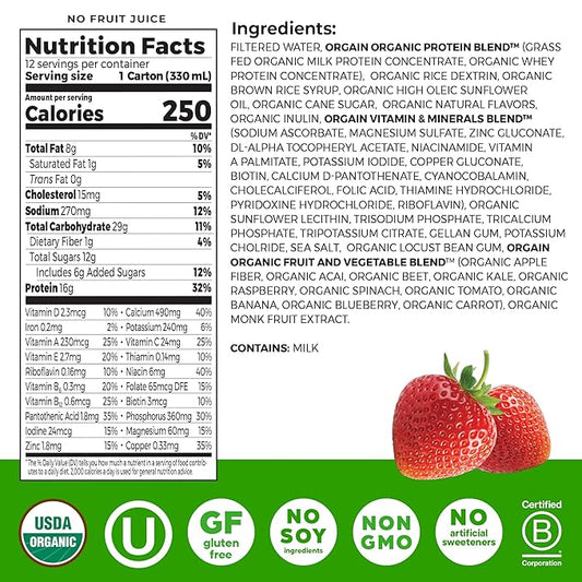 Orgain Organic Nutritional Protein Shake,Strawberries & Cream - 16g Grass Fed Whey Protein,Meal Replacement,20 Vitamins & Minerals,Fruits-& Vegetables,Gluten Free,Non-GMO,11 Fl Oz,(Pack of 24)