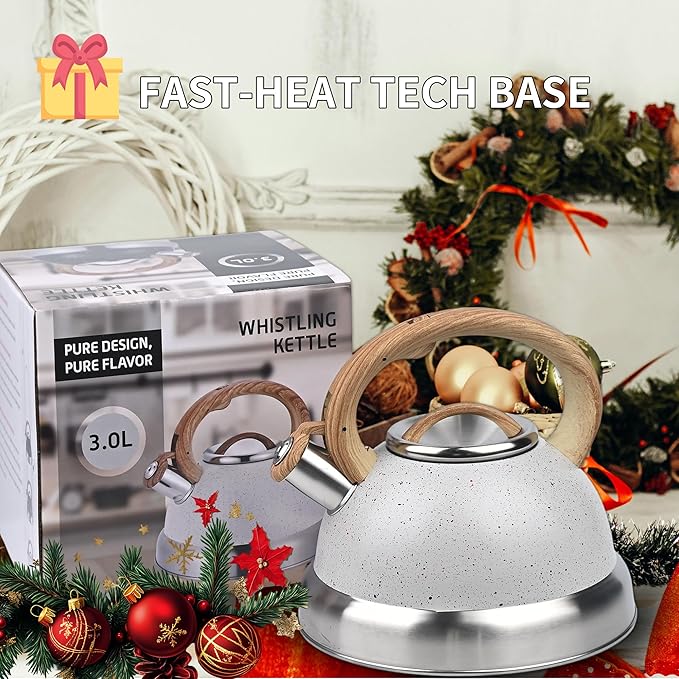 3 Quart Stainless Steel Whistling Tea Kettle – Natural Stone Finish Teapot with Cool-Touch Wood Handle, Loud Whistle & Rust-Resistant Base(white)