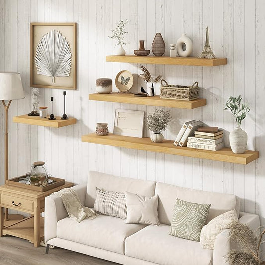 Marsmiles Floating Shelves | 36 Inch Natural Wood Wall Shelves Set of 2 | 9.3 Inch Deep Rustic Reclaimed Wood Shelves for Room Wall | Farmhouse Floating Shelves for Living Room Bathroom
