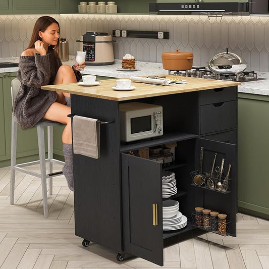 Rolling Mobile Kitchen Island Cart with Desktop Drop Leaf Countertop, Island Table Storage with 5 Wheels, Rolling Kitchen Cabinet with Power Socket (Black, Model 2)