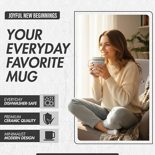 Geometric Line Art Ceramic Mug 11oz – Minimalist White Coffee Cup with Hidden Word Design | Modern Scandinavian Pattern | Funny Gift for Coffee Lovers, Home Office, Christmas & Birthday