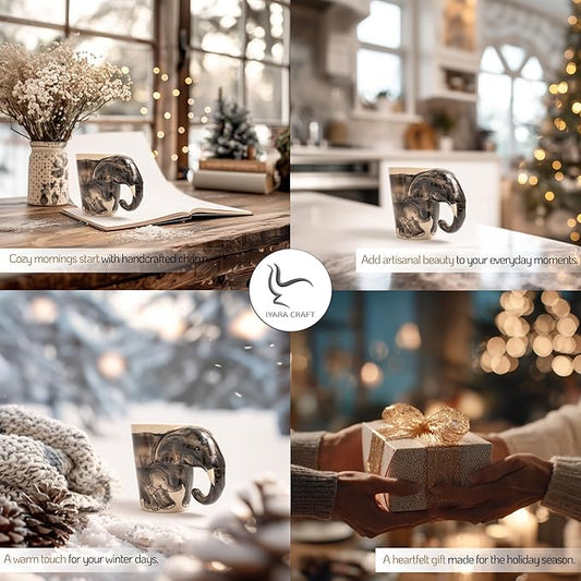 IYARA CRAFT 3D Elephant Mug 11oz – Handcrafted Ceramic Coffee Cup with Sculpted Elephant Handle, Microwave & Dishwasher Safe, Unique Wildlife Gift for Animal Lovers, Women, Christmas & Holiday Gifts