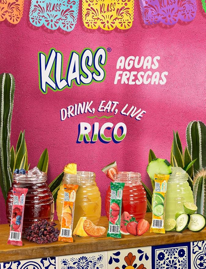Klass Aguas Frescas, Powdered Drink Mix Variety Pack, 40 Singles Zero Sugar & Caffeine-Free Powder Packets, Water Drink Mix, Flavors: Cucumber Limeade, Strawberry Watermelon, Hibiscus Berries & Pineapple Tangerine - 5 Calories Per Packet & Natural Flavors