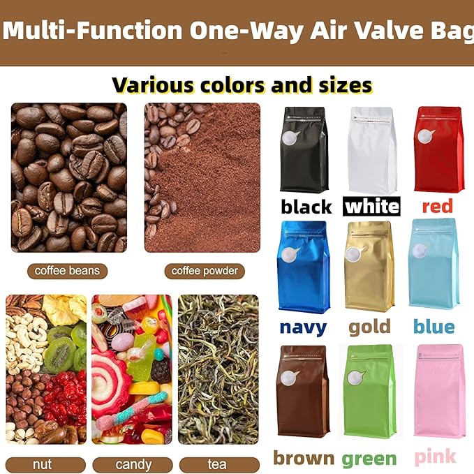 Coffee Bags with Valve(16 oz,1 lb,100pcs) White High Barrier Aluminumed Foil Flat Bottom Heat Sealed Coffee Beans Packaging Bags Side Zipper Resealable Bags for Home or Business