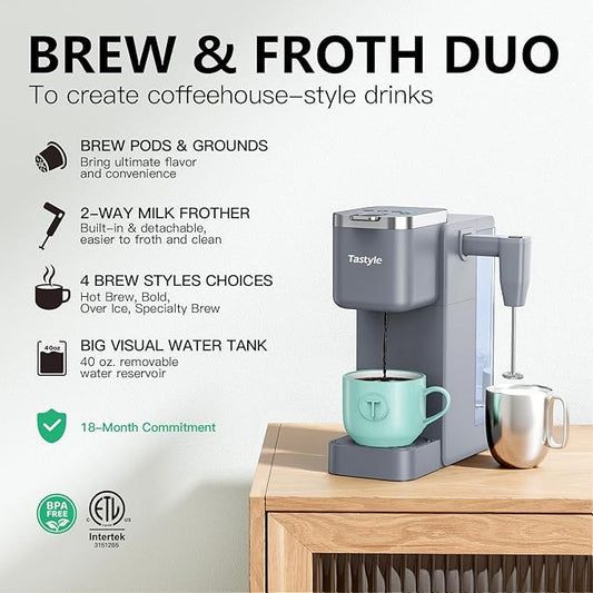 Single Serve Coffee Maker with Built-in Detachable Milk Frother, Iced and Hot Coffee Machine for K Cup & Grounds, 40oz Removable Water Reservoir, 6 Cup Sizes, Fits 7.3" Travel Mug, Gray