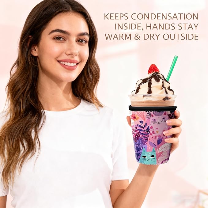Colorful Cat Floral Iced Coffee Sleeve Set of 3 Fits 16oz 24oz 30oz Cups Cute Cat Lover Insulated Coffee Sleeve for Women & Gifts