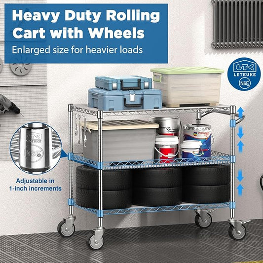 Leteuke Heavy Duty Rolling Utility Cart, 45 Inch Kitchen Carts with Wheels, NSF Commercial Grade with Handle & Shelf Liners, 1120LBS Storage Cart for Kitchen,Restaurant,Plant Display-Chrome
