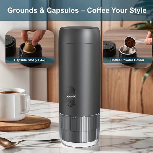 Portable Espresso Maker, 20 Bar, Travel Coffee Maker with USB Charging, Compatible with Ground Coffee & Capsules (NS), Waterproof, for Camping, Hiking, RV, Car, Office