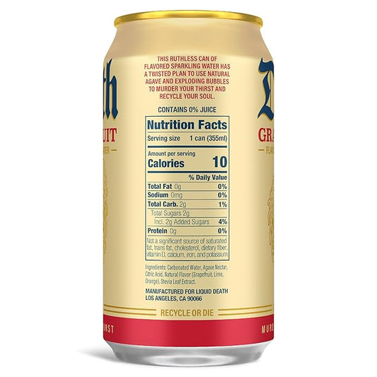 Liquid Death Soda-Flavored Sparkling Water - Grave Fruit (Grapefruit Flavor), Less Sugar*, Huge Flavor, No Caffeine, No Artificial Sweeteners, 12 Fl Oz (Pack of 12)