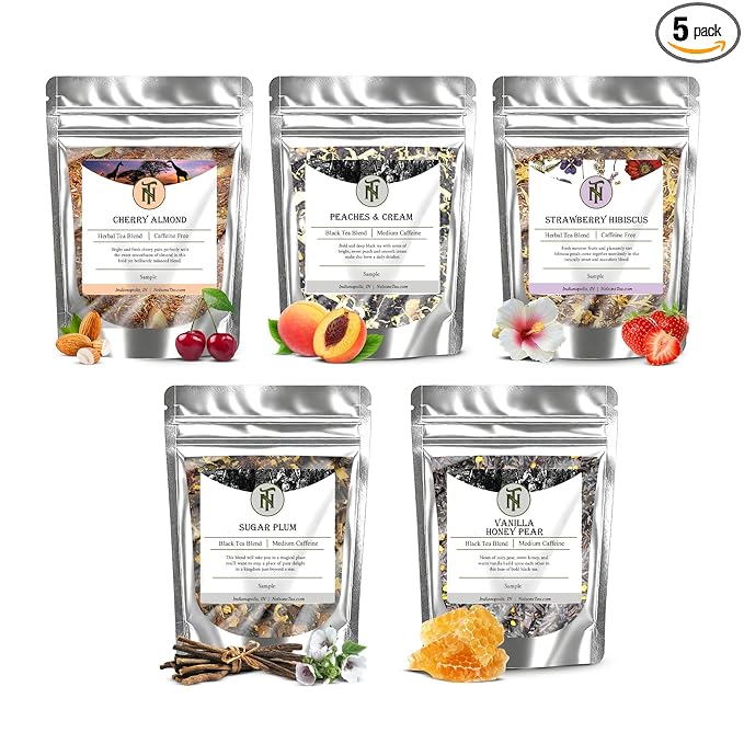 Nelson's Tea Fruit Sampler Pack - 5 Flavors Variety Pack - Loose Leaf Tea Sampler - Cherry Almond, Peaches & Cream, Strawberry Hibiscus, Sugar Plum, Vanilla Honey Pear - Samples Sizes