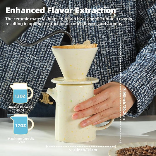 Pour Over Coffee Maker Set,Ceramic Pour Over Coffee Dripper Set with 20 Count Paper Coffee Filters,for Home Café Restaurant Camping,15.8 Ounces(Multi-Color Dot)