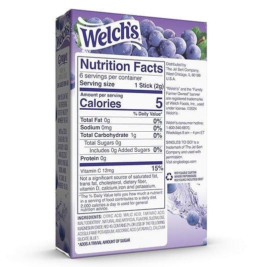 Welch's Singles To Go Water Drink Mix - Powder Sticks, 12 Boxes with 6 Packets Each - 72 Total Servings, Grape, 0.45 Ounce (Pack of 12)