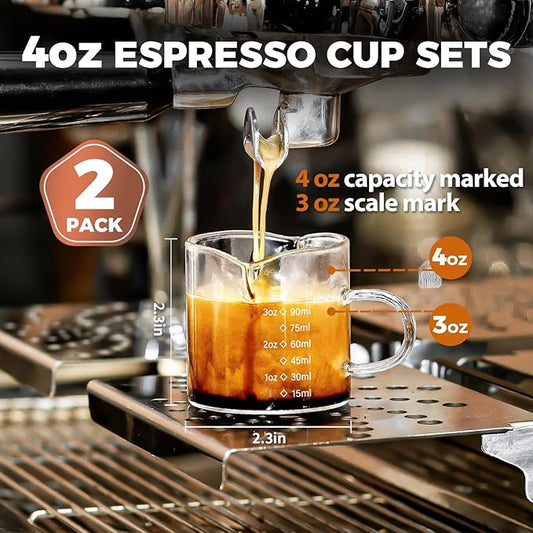 Espresso Cups Set of 2, 4 Oz Espresso Shot Glass with Handle Double Spout Measuring Cups with Scale Clear Glass Milk Cup Coffee Accessories Great for Making Coffee Desserts Salad Dressing
