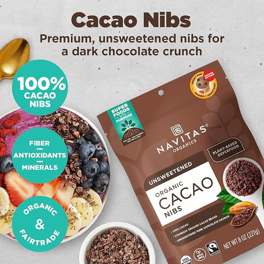 Navitas Organics Cacao Nibs – Unsweetened Dark Chocolate Crunch – Antioxidants, Minerals, Fiber – For Trail Mix, Baking & More – USDA Organic, Fairtrade, Non GMO, Gluten Free, Non-alkalized (8oz. Bag 76 Servings)