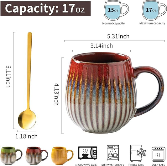 Coffee Mug, Porcelain 16 oz Large Tea Coffee Cup for Office and Home, Big Mug for Women, Men, Microwave Dishwasher Safe, Ink Wash Red