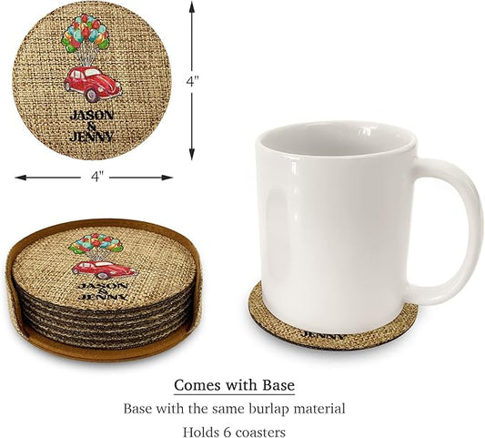 Smile Art Design Family Couple Names Custom Drink Coaster Set of 6 with Base Round Burlap Material Car Design Personalized Prints Personalized Gifts House Warming Rustic Decor Style9
