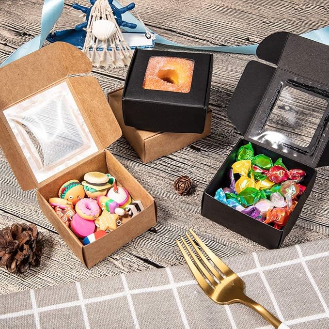BENECREAT 30 Packs 2.5x2.5x1.2inch Square Brown Kraft Paper Boxes Gift Candy Boxes with Clear Window for Wedding Party Favor Treats, Bakery and Jewelry, Festival Gift Packaging