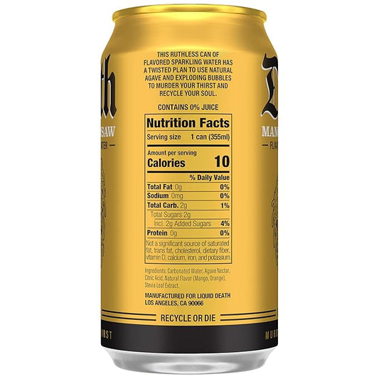 Liquid Death Soda-Flavored Sparkling Water - Mango Chainsaw (Mango Orange), Less Sugar*, Huge Flavor, No Caffeine, No Artificial Sweeteners, 12 Fl Oz (Pack of 12)
