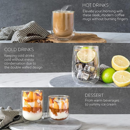Navaris Double Wall Glass Cups - Thermal Insulated Drinking Glasses for Coffee, Tea, Latte, Cappuccino, Hot & Cold Drinks - 12 oz Each (Set of 4)