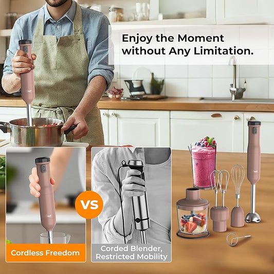 Rosewill 6-in-1 Multi-Speed Cordless Rechargeable Immersion Hand Blender, Heavy Duty Motor - Stick Blender, Beaker, Whisk, Chopper, Dual Beater, Milk Frother - For Smoothies, Baby Food, Soup - Mocha