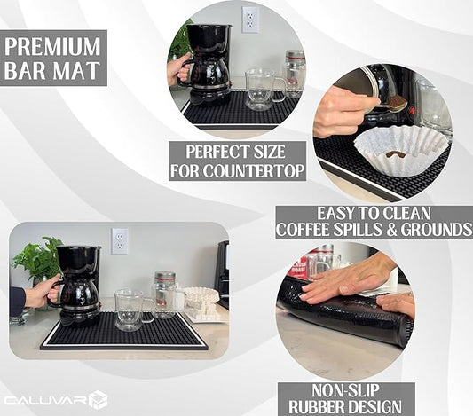 Bar Mats for Countertop with White Frame, Premium Silicone Coffee Mat 18x12 in, Heavy Duty Espresso Machine Mat Protector Pad and Coffee Matt for Counter, Bar Accessory for Modern Kitchens