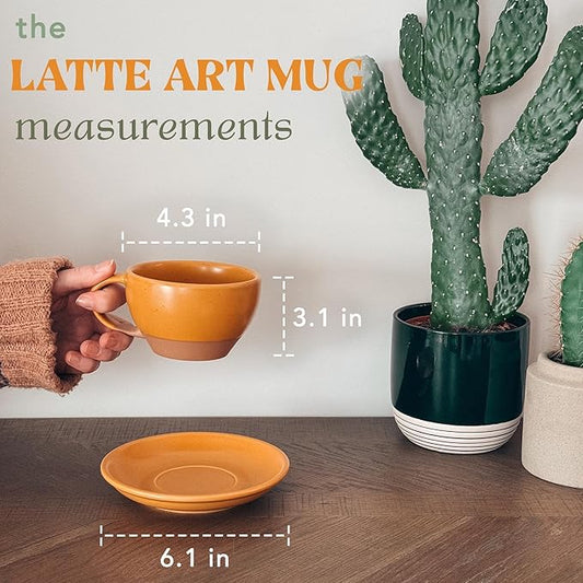 MORA Ceramic Latte Art Mug With Saucer - 10.5 oz, Round Bottom For Perfect Pours - Cafe Cups for Cappuccino, Espresso, Coffee, Tea etc - Porcelain Set for Baristas, Great Gift - Pumpkin Orange