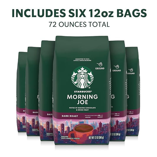 Starbucks Ground Coffee, Dark Roast Hot or Iced Coffee, Morning Joe, Six 12 oz Bags