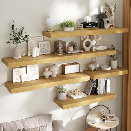 Marsmiles 12" Deep Floating Shelves for Wall with Invisible Brackets, Wall Mounted Engineered Wood Shelves with Wood Grain for Living Room, Bedroom, Kitchen Decor and Storage, 72" L Set of 1, Oak