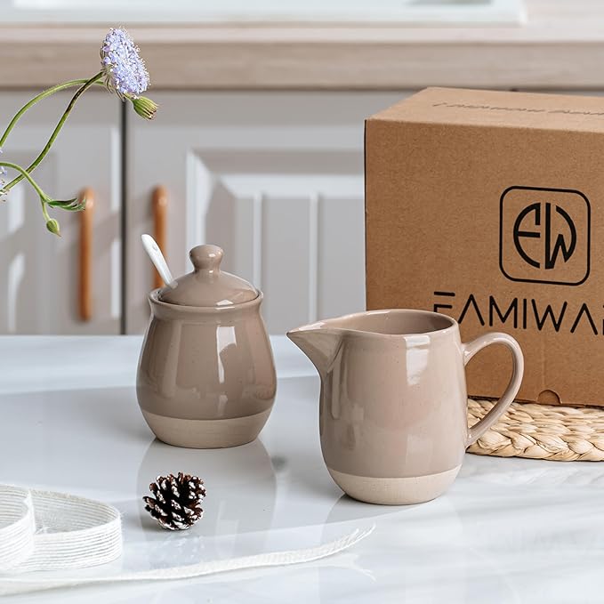famiware Milkyway Ceramic Sugar and Creamer Set, 10oz Sugar Bowl & 13oz Creamer Set – Stoneware Milk Pitcher & Sugar Dispenser for Coffee Bar, Kitchen, Countertop, Coffee Serving Set, Cinnamon Brown