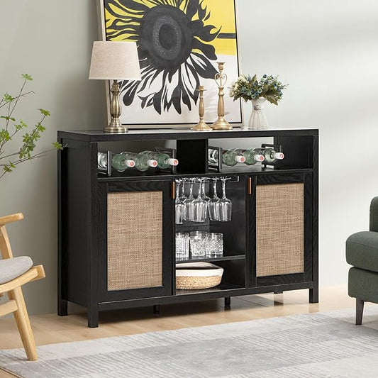 SICOTAS Rattan Coffee Bar Cabinet, 51" Sideboard Buffet Cabinet with Storage, Modern Liquor Cabinet with Wine Racks Credenza Console Buffet Table for Home Living Dining Room, Black Oak