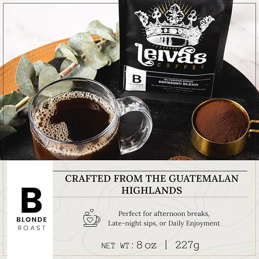 Leiva’s Ground Blonde Espresso (8oz), Roasted to Order, Micro-Lot Guatemalan Beans – El Capitan Elijah Espresso Coffee Ground w/Floral, Citrus & Caramel Notes - Low Acidity Blonde Roast