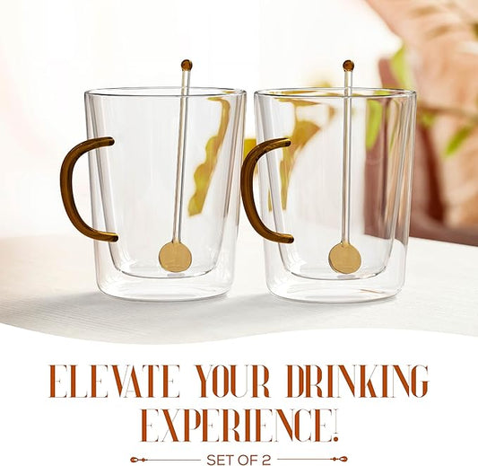Elle Decor Double Wall Glass Coffee Mugs with Spoons | Set of 2 | Glass Cups with Colored Handles | Clear Coffee Mugs for Latte, Cappuccino, Espresso Coffee, Tea and Hot & Cold Beverages (Amber)