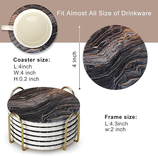 6 Pcs Black Ceramic Stone Modern Coasters with Holder Best Absorbent Drink Coasters Round Ceramic Table Coasters Set Best Coffee Table Ceramic Coaster Set