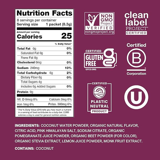 Cure Hydration | Plant-Based Electrolyte Drink Mix | No Added Sugar | FSA-HSA | Dehydration Relief Powder Made with Coconut Water | Non-GMO | Vegan | Box of 8 Packets - Berry Pomegranate