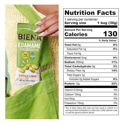 Biena Crispy Roasted Edamame Beans Snack – High Protein Low Carb Snack for Adults & Kids, 12g Protein per Serving - Made w/Avocado Oil – Vegan, Gluten-Free – 10-Pack, 1.05oz Bags, Chili Lime