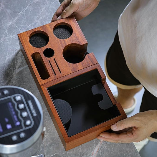 58mm Espresso Knock Box Set – Rosewood Tamping Station Organizer & Coffee Grounds Bin | Professional Espresso Accessories for 58mm Portafilter Machines