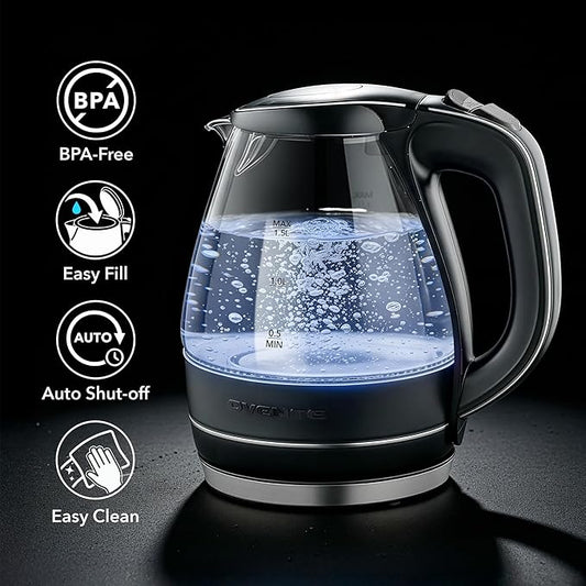 OVENTE Electric Kettle, 1.5L Borosilicate Glass Countertop Water Heater and Boiler for Coffee or Tea, BPA-Free, Auto Shut-Off, Boil-Dry Protection, Removable and Washable Spout Filter, Black KG83B