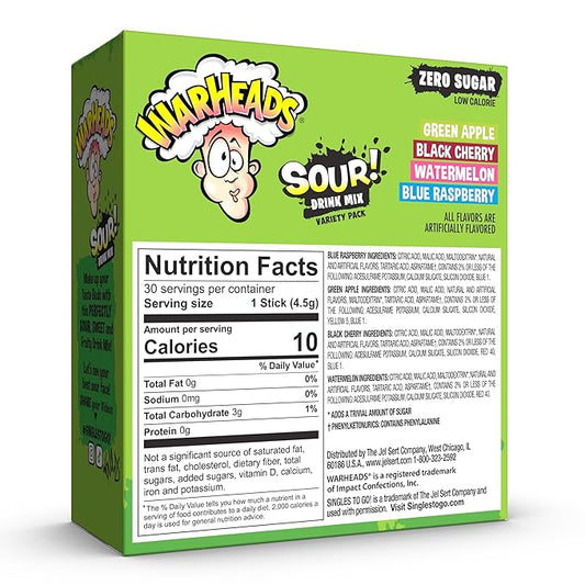 Warheads Singles To Go Sour Drink Mix, 30 Sticks, Variety Pack (Green Apple, Black Cherry, Watermelon, Blue Raspberry), Zero Sugar, Low Calorie