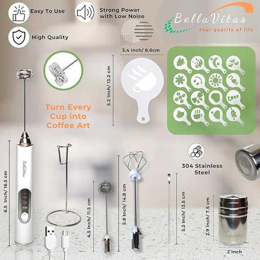 Milk Frother Handheld Rechargeable 3-Speed Electric Frother Wand Whisk Foam Maker Drink Mixer with Stand, 2 Whisks, Spice Shaker, Art Stencils, Art Pen for Coffee Latte, Cappuccino, White