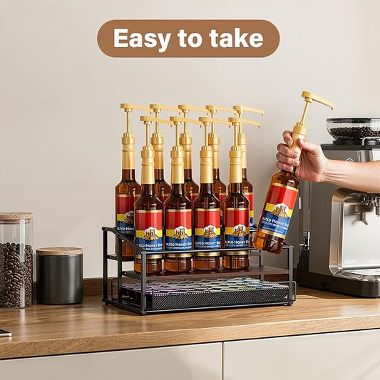 Coffee Syrup Rack Organizer, 3-Tier 10 Bottle Syrup Rack with 35 K Cup Darwer for Coffee Bar, Countertop Bottle Holder Stand for Dressing for Kitchen Cafe Station