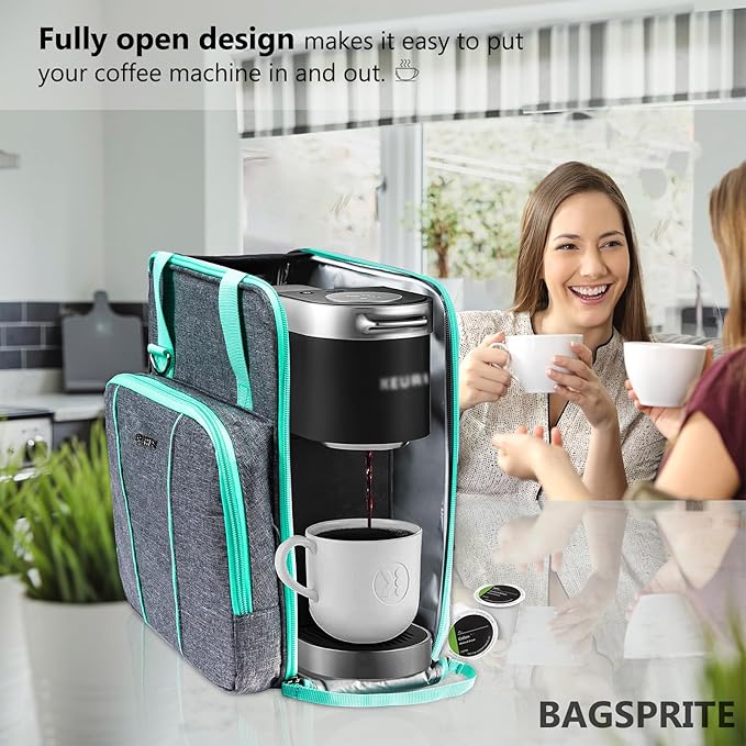 BAGSPRITE Travel Coffee Maker Bag for Keuriig K-Slim, Single Serve Brewer Carrying Case, Portable Travel Coffee Maker Storage Case with Pockets for K-Cup Pods (Full Open Design Patent Pending)