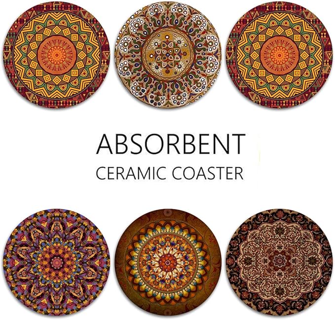 Britimes Coaster for Drinks Set of 6, Africa Mandala Circular Colorful Table Absorbent Round Ceramic Stone Mat, with Cork Base and Metal Holder, Gift for Housewarming Room Bar Decor
