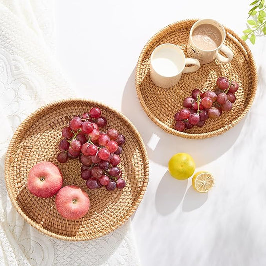 Round Rattan Serving Tray,Hand-Woven Tray with Handles, Ottoman Decorative Coffee Table Tray,Wicker Storage Basket for Tea,Fruit,Bread (Natural, 13.5")