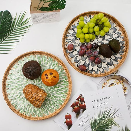 Round Rattan Tray with Mother of Pearl Inlay, Decorative Wicker Serving Tray with Wooden Base, Woven Basket Trays for Bread Fruits Coffee, Plume