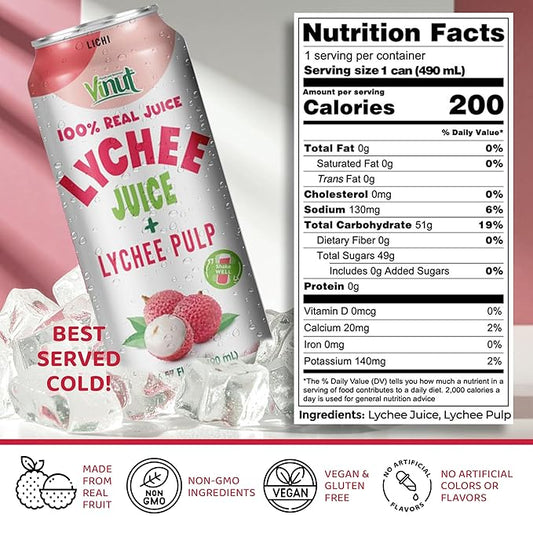 VINUT 100% Natural Lychee Juice Drink with Pulp, Real Lychee Juice, Gluten Free, GMO-Free, 16.57 fl oz, Pack of 24