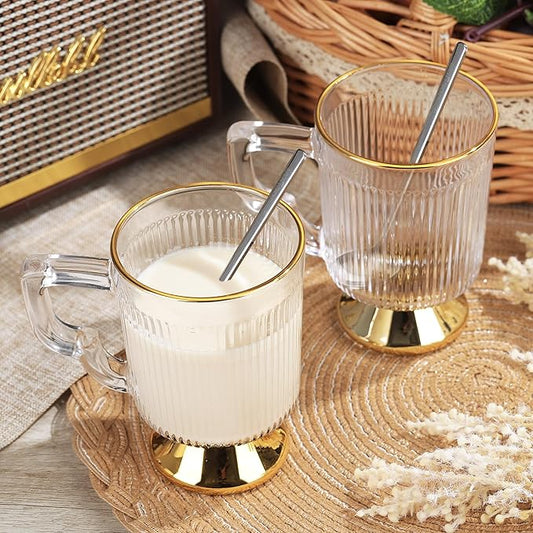 Joeyan Glass Coffee Mugs with Handle,Vintage Ribbed Clear Coffee Cups,Tea latte Cappuccino Espresso Milk Cups,Gold Rimmed Drinking Glasses,12 oz,Set of 2