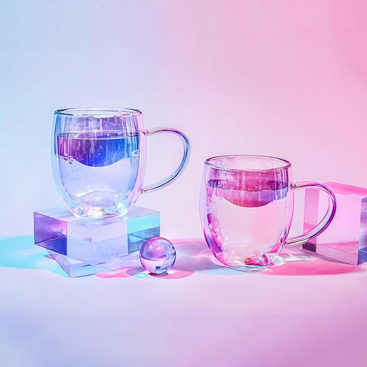 Dragon Glassware Double Walled Glass Coffee Mugs - 16 oz, Set of 2 Glass Coffee Cups to Keep Beverages Hot or Cold Longer - Iridescent Double Walled Crystal Mugs